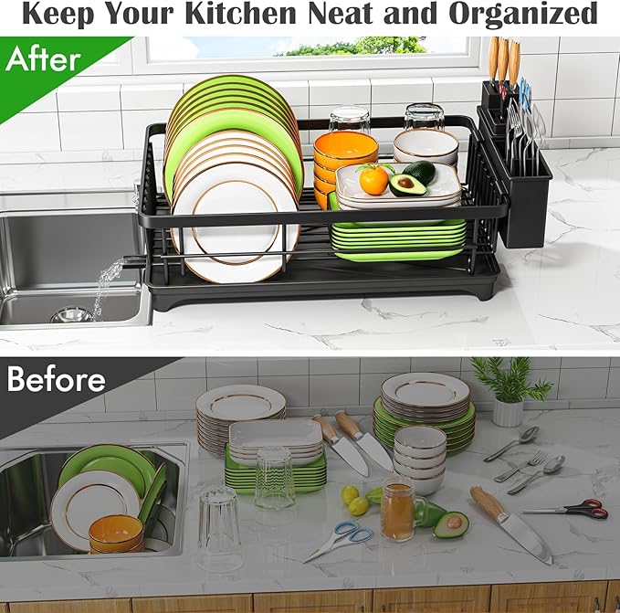 Kmiectse Dish Drying Rack - Space-Saving Small Dish Rack for Kitchen Counter, Rust-Resistant Kitchen Drying Rack, Compact Dish Drainer Organizer with Utensil Holder for Home Kitchen, Black
