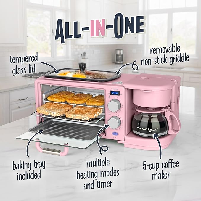 Nostalgia 3-in-1 Retro Breakfast Station - Includes 5 Cup Coffee Maker, Non-Stick Ceramic Griddle, and 4-Slice Toaster Oven - Built-In Timer, Reusable Coffee Filter, Space-Saving Design - Pink