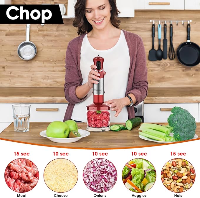 Blackcow Multi-Use 5 in 1 Immersion Blender 3.0, BPA-Free, 800W 12 Speed Hand Blenders for Kitchen, Copper Motor Stainless Steel Blade Emulsion Blender Handheld with Chopper, Whisk and Frother, Red
