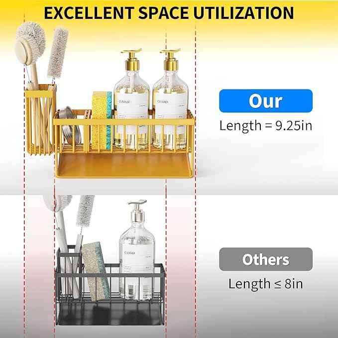 Cisily Yellow Sink Caddy Organzier with High Brush Holder, Sponge Holder for Sink, 304 Rustproof Stainless, Kitchen Countertop Soap Dispenser Organizer,Yellow Kitchen Decor and Accessories