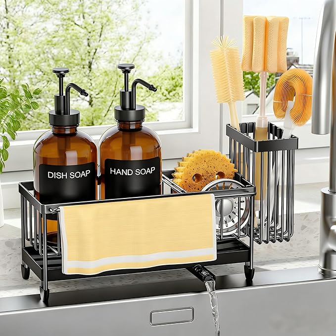 Kitchen Soap Dispenser Set with Sponge Holder and Towel Rack, 17OZ Glass Bottle, Hand and Dish Soap Dispenser Set, Non-Slip Silicone Pad, Brush Holder, Kitchen Sink Caddy Organizer Countertop (Amber)