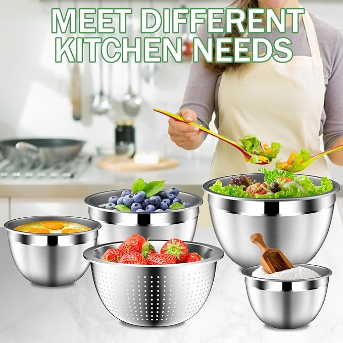 DUTZUN Stainles Steel Mixing Bowls with Lids Set, Stackable Metal Mixing & Serving Bowl with Strainer, 5-Piece - Beige