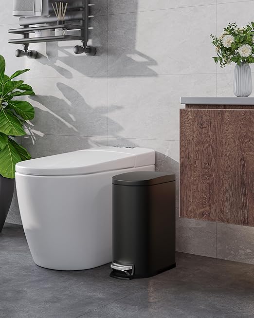 2.6 Gallon Bathroom Trash Can with Lid, Slim Step Pedal Garbage Bin, Stainless Steel Wastebasket with Soft-Close Lid, Removable Inner Bucket & Rear Handle for Bathroom, Office & Small Spaces-Black