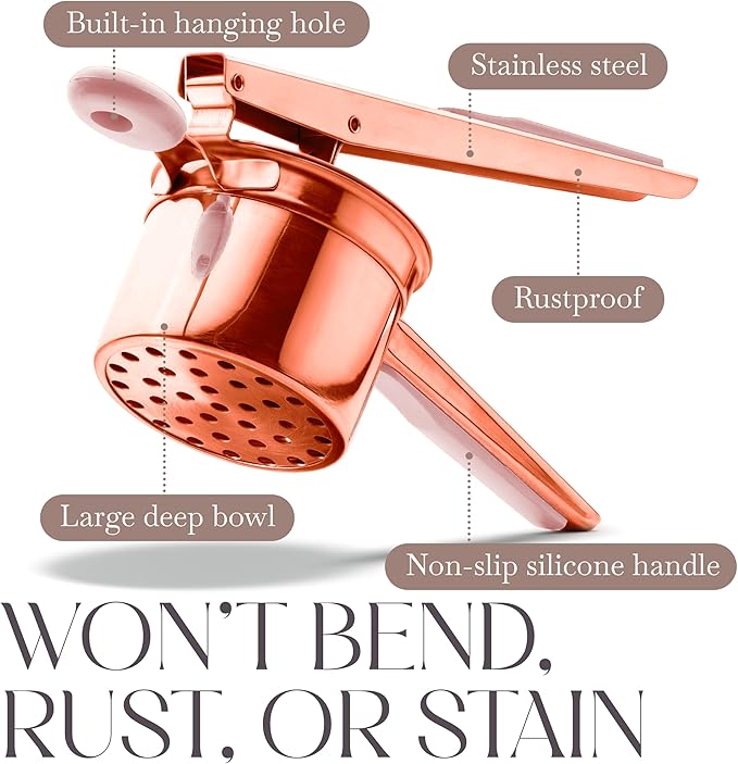 Bellemain 15 oz Large Potato Ricer | Heavy-Duty Stainless Steel Potato Ricer & Masher | Perfect for Mashed Potatoes | Ricer Kitchen Tool with Fixed Disc (Rose Gold Pink)