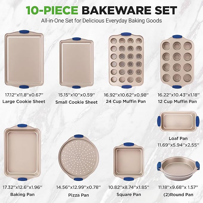 NutriChef 10-Piece Nonstick Bakeware Set - Premium Carbon Steel Baking Pan Set w/Heatsafe Silicone Handles, Includes Pizza Crisper, Loaf Pan, 12 & 24 Cup Muffin Pans, Cake Pans, Cookie Sheets