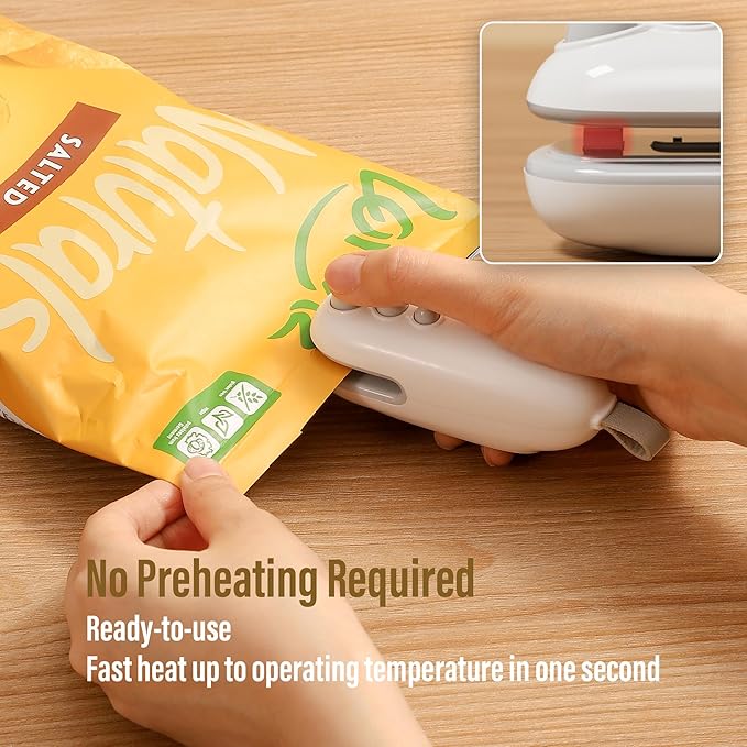 Mini Bag Sealer with Cutter, Rechargeable, Handheld Heat Sealer Machine with Magnetic, Portable Bag Sealer Heat Seal for Keep Food Fresh and Snacks Crispy. White