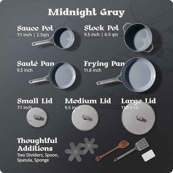 Premium Non-Toxic Ceramic Cookware Set – Triple-Layer Nonstick 12 Piece Pots and Pans with Lids, PFAS-Free, Oven Safe for Healthy Meals, Space-Saving Design, Midnight Gray Color | Greater Goods