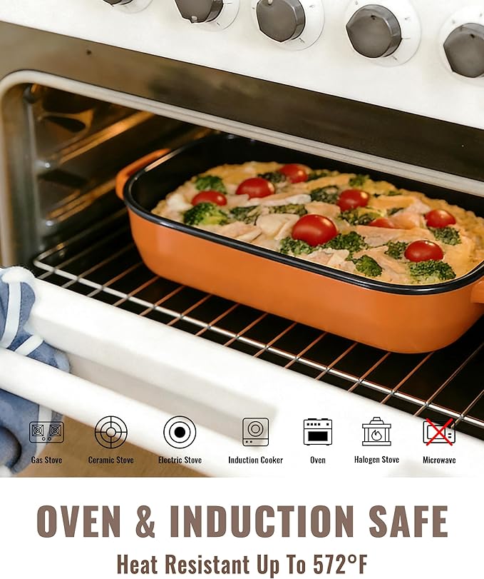 Roasting Pan for Oven with Rack 6-Piece Rectangular Lasagna Baking Dish Set 14&17 Inch, High Temperature Resistance Oven Dishwasher Safe Non-Stick Turkey Ham Roaster Gift for Mom Enamel Bakeware
