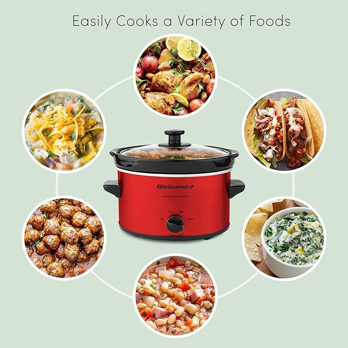 Elite Gourmet MST-275XR# Electric Oval Slow Cooker, Adjustable Temp, Entrees, Sauces, Stews & Dips, Dishwasher Safe Glass Lid & Crock (2 Quart, Metallic Red) (Pack of 4)