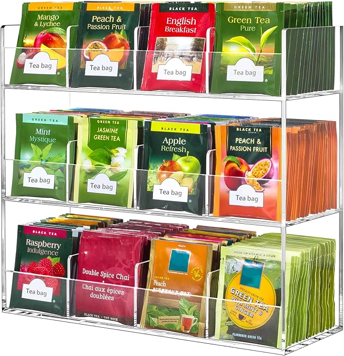 BEYGORM Acrylic Tea Bag Organizer for 216 Tea Packets, No Assembly Required, Display Holder for Countertop, Vertical Tea Bag Caddy for Cabinet, Tea bar Accessories, Teabags Storage Containers