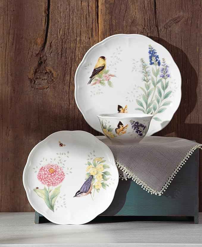Lenox Dinnerware Set, Butterfly Meadow Flutter 12-Piece Set, Service For 4, Elegant White Porcelain, Dishwasher Safe, Chip Resistant, Plates And Bowls Sets, Home and Kitchen (Assorted, 12 Pieces)