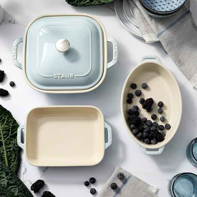 Staub Ceramic 4-pc Baking Pans Set, Casserole Dish with Lid, Brownie Pan, Light Blue