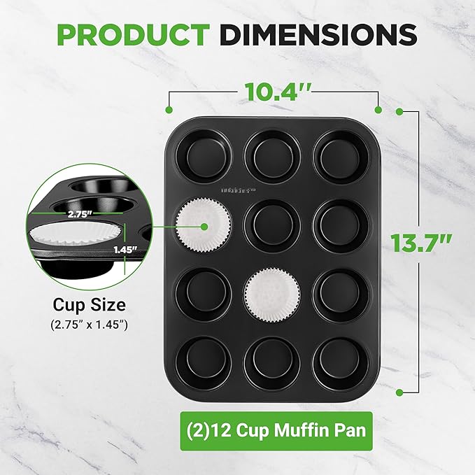 NutriChef Muffin Pans for Baking 2-Pack | Nonstick 12 Mold Cupcake Tins | Carbon Steel Stackable Cup Cake Trays | Dishwasher & Oven Safe | Includes 100 Parchment Paper Liners | 13 x 10 x 1 | Black