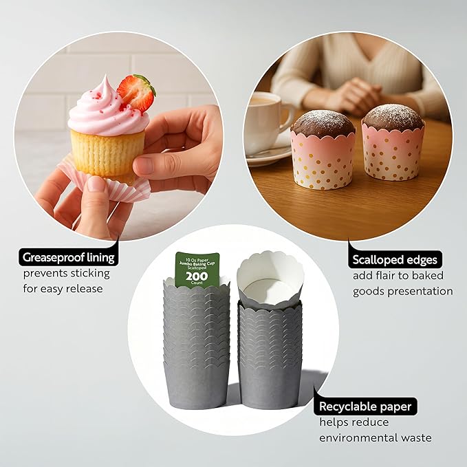 Restaurantware Panificio Premium 10 oz Kraft Paper Jumbo Baking Cup: Paper Baking Cups Perfect for Muffins Cupcakes or Mini Snacks - Scalloped - Disposable and Recyclable - 200ct Box