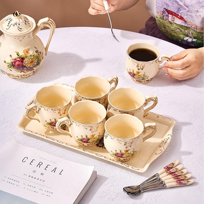 YOLIFE Ceramic Tea Serving Tray, Floral with Gold Leaves Trim Decorative Platter for Tea Party - 13.5 x 7.5 inch