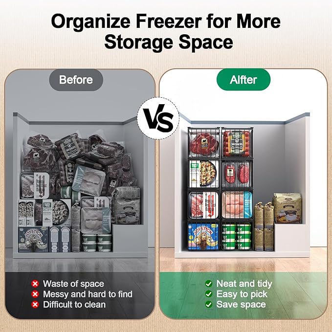 Freezer Organizer Bins, 4 Pack Stackable Deep Chest Freezer Organizer Bins, Foldable Baskets with Handles, Black Storage Container Baskets for 5/ 7 Cu.FT Deep Freezer Sort Frozen Meats