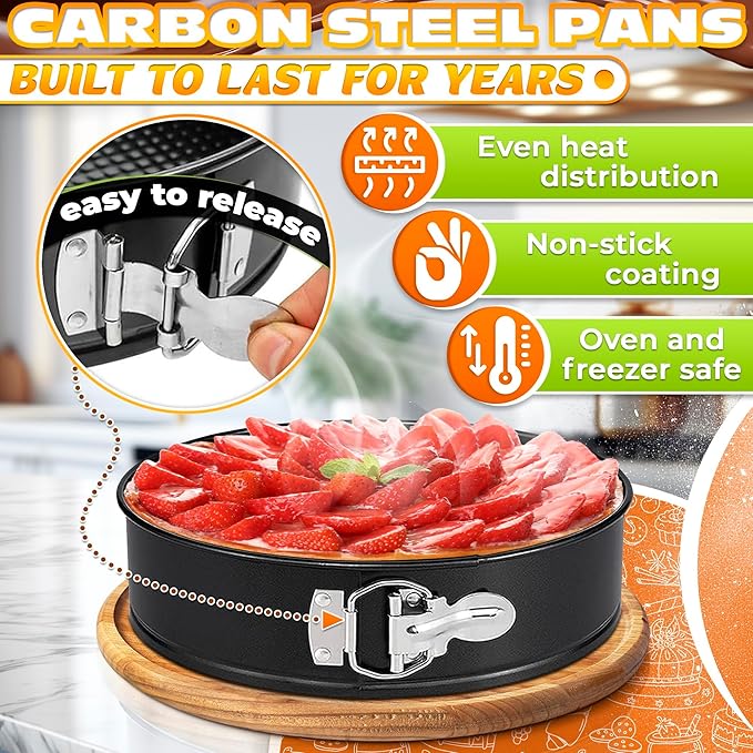 Spring Form Pan for Cheesecake - Leak Resistant Springform Pan Set, Easy-Open Latch, Removable Bottom, Clean Release, Nonstick Round Cake Pans Set, 60 Parchment Liners, Great as Kitchen Gifts for Mom