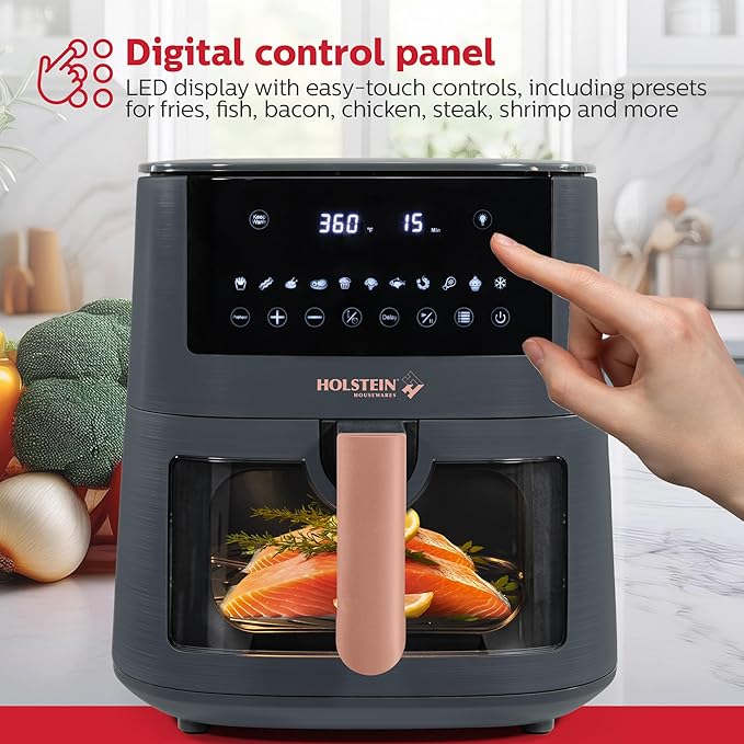 Holstein Housewares 7.6 QT Digital Air Fryer 8-in-1 with Hot Air Technology, Family Size, Viewing Window & Led Display. Air Fry, Bake, Grill, Dehydrate & Roast, Less Oil Use for Healthier Meals