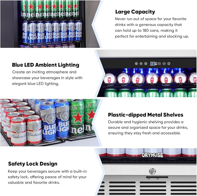 ORYMUSE 24" Beverage Refrigerator, 180 Can Under Counter Drink Cooler with Glass Door & Lock, Built-in or Freestanding Mini Fridge with Quiet Compressor Cooling for Beer, Soda & Wine