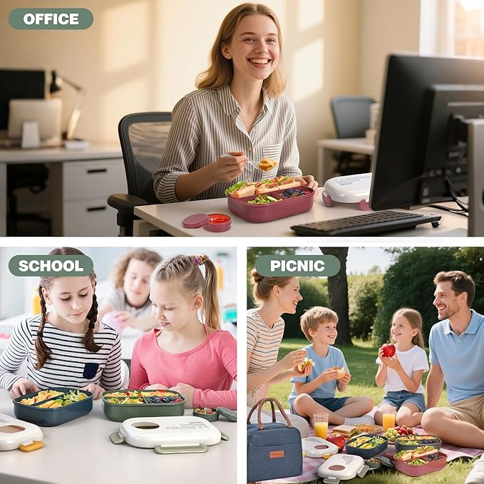 Lunch Bento Box Set - 3 Compartment Containers for Kids and Adults,lunch box for women with Thermo Lunch Bag, Leak-Proof and BPA-Free - Built-in Utensil Set,Sauce - Dishwasher Safe-Green
