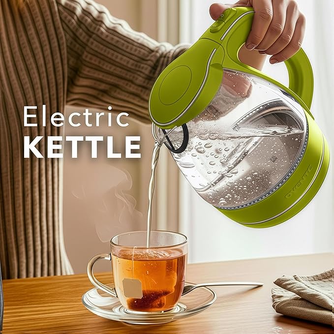 OVENTE Electric Kettle, 1.5L Borosilicate Glass Countertop Water Heater and Boiler for Coffee or Tea, BPA-Free, Auto Shut-Off, Boil-Dry Protection, Removable and Washable Spout Filter, Green KG83G
