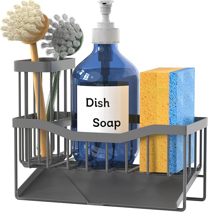 Maifan Sink Caddy Sponge Holder for Kitchen with Brush Holder and Stainless Steel Self Drain Tray, Rustproof Kitchen Sink Organizer for Sponge, Soap Dispenser Storage Accessories Dark Gray