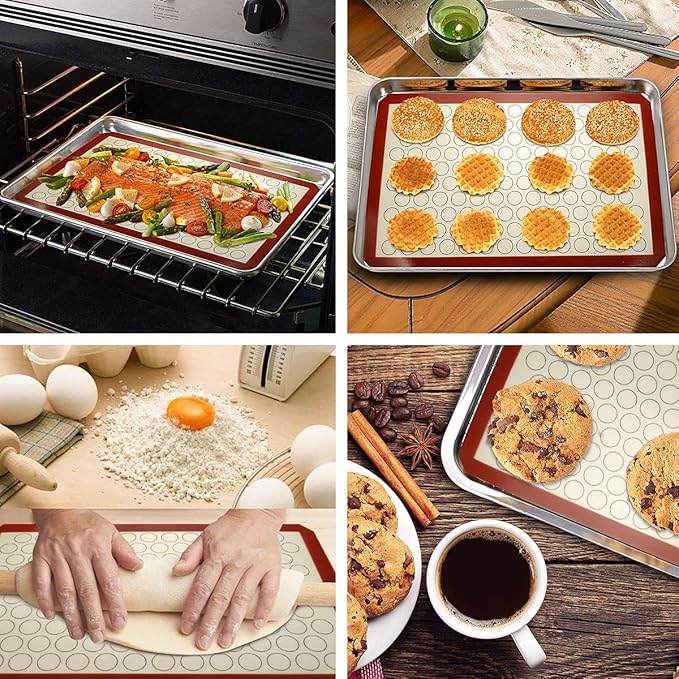 Wildone Baking Sheet with Silicone Mat Set, Set of 4 (2 Sheets + 2 Mats), Wildone Stainless Steel Cookie Sheet Baking Pan with Silicone Mat, Size 18 x 13 x 1 Inch, Non Toxic & Heavy Duty & Easy Clean
