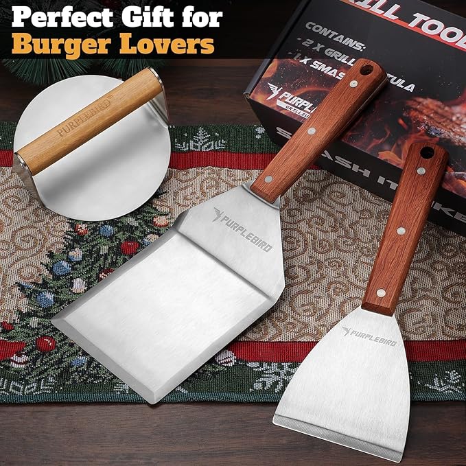 PURPLEBIRD Smash Burger Press Kit 3PCS Set, Stainless Griddle Spatulas Set with Professional Burger Smasher for Griddle, Heavy Duty Grill Press for Smash Burgers BBQ Grilling, for Men