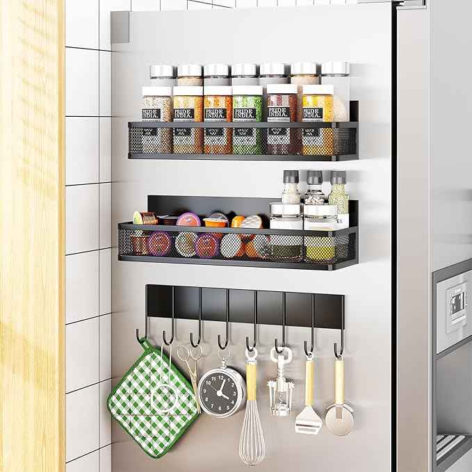Magnetic Spice Rack for Refrigerator, 3 Pack Magnetic Shelf, Moveable Fridge Organizer with 8-Hook Rack, Seasoning Organizer for Kitchen