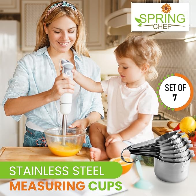 Spring Chef Premium Ice Cream Scoop, Magenta & Stainless Steel Measuring Cups with Pour Spout, Set of 7-2 Product Bundle