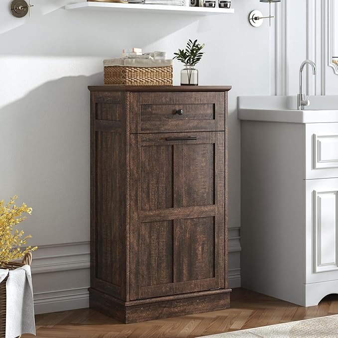 chartustriable Farmhouse Tilt-Out Trash Can Cabinet, 13 Gallon Laundry Hamper with Drawers, Wooden Hidden Garbage Can Cabinet w/Storage for Kitchen & Living Room, Brown