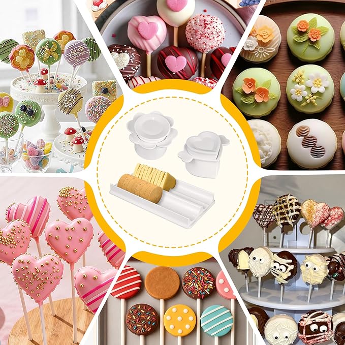 Cake Pop Mold Set with 8.7 Inch Double Tray, 1.75in Heart and Round Non-3D Printed Cake Pop Cutter and Pusher, Smooth and Easy Clean Surface, Baking Molds for Home Baking, Birthday Parties, Wedding
