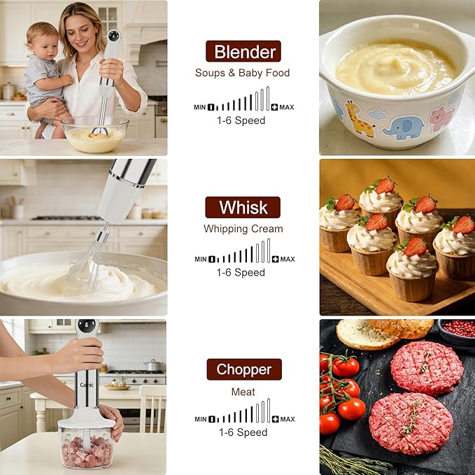 Cordless Immersion Blender Hand Blenders Set,Variable Speed 4 in 1 Stick Emulsifier with Chopper and Whisk for Soup, Baby Food and Smoothies,White