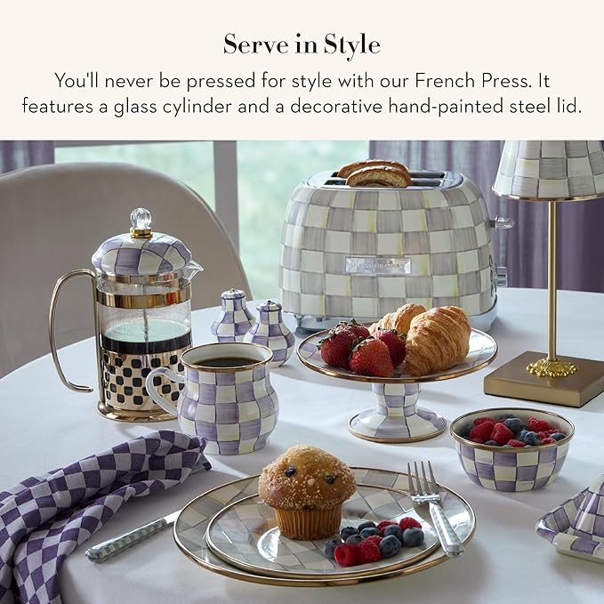 MACKENZIE-CHILDS Coffee French Press, Glass French-Press Coffee Maker, 32-Ounce Capacity, Purple-and-White Violet Check