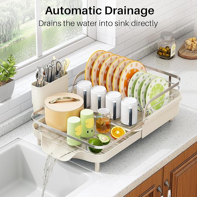 SAYZH Dish Drying Rack - Expandable Dish Rack for Kitchen Counter, Rust-Resistant Dish Drainer with Utensil Holder and Raised Guardrail, Kitchen Organizer for Cup and Bottle (Beige)