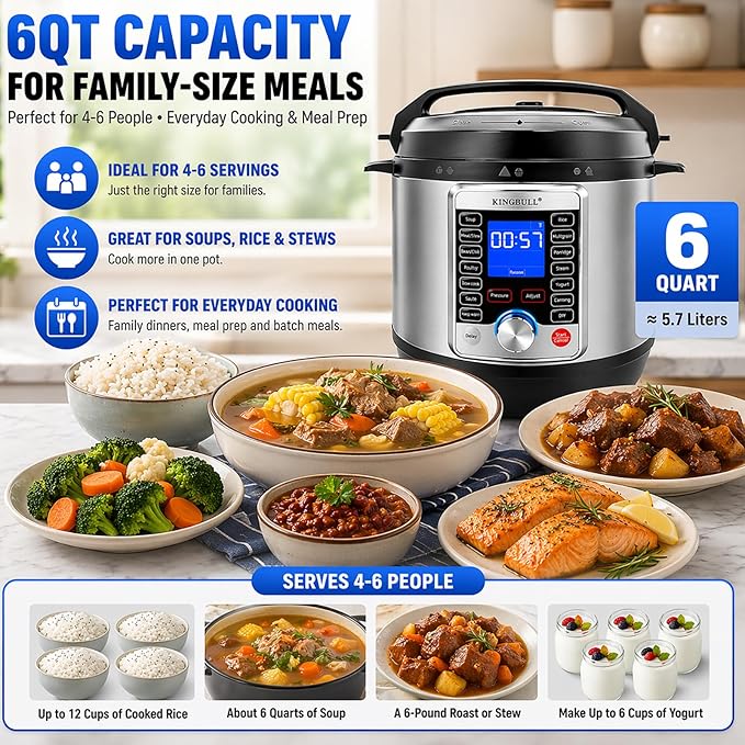 KINGBULL 14-in-1 Electric Pressure Cooker 6 Quart, Stainless Steel Multi Cooker with LCD Display, Slow Cooker, Rice Cooker, Steamer, Sauté, Yogurt Maker, Warmer, DIY Mode, Black