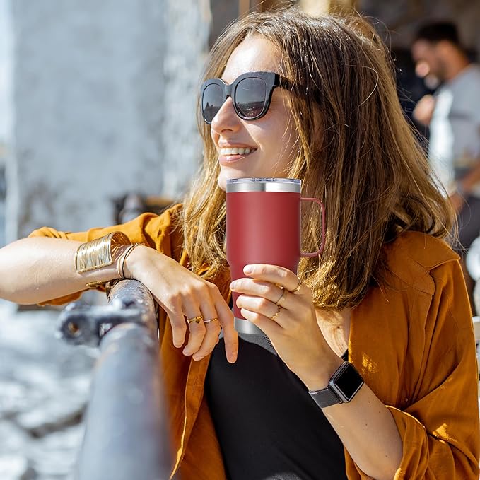 20 oz Stainless Steel Tumbler with Handle Metal Insulated Coffee Travel Mug with Handle Double Wall Tumbler Cup with Lid and Straw, Wine Red 1 Pack