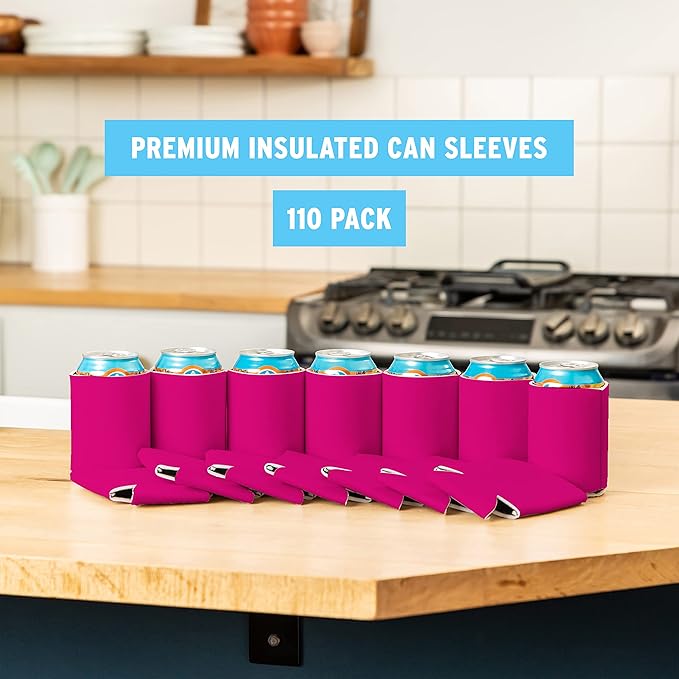 Blank Beer Can Cooler Sleeves (110-Pack) Soft Insulated Beer Can Coolies - HTV Friendly Blank Koolies in Bulk for Beer Cans & Bottles - Coolie Blanks for Vinyl Projects & Wedding Favors (Raspberry)