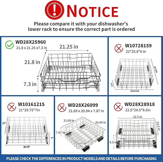WD28X25960 Lower Dishwasher Rack Replacement Compatible with GE Dishwasher PDW7880G00SS GDWT368V55SS Dishwasher rack Assembly Part Numbers WD12X10380 WD28X10071 WD28X10073 WD28X10075 WD28X10078