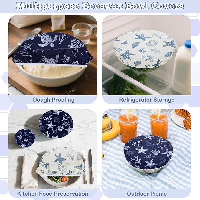 5-Size Reusable Beeswax Bowl Covers for Bread Proofing, Cotton Cloth Flexible Beeswax Wraps for Food Storage(Ocean Series)