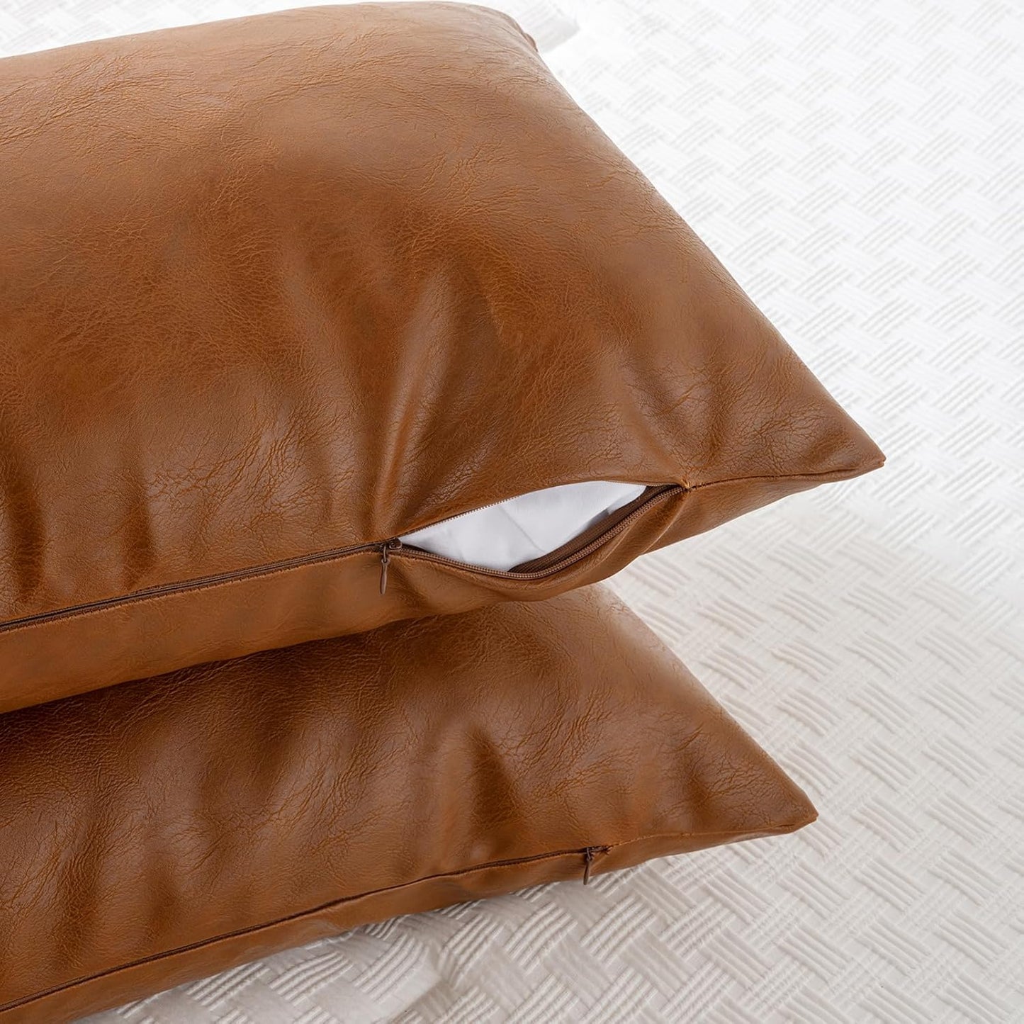 Fancy Homi Brown Boho Long Lumbar Faux Leather Body Decorative Throw Pillow Cover 14x40 Inch for Bedroom Couch Bed Sofa Bench, Thick Stylish Solid Square PillowCase, Rustic Modern Farmhouse Room Decor