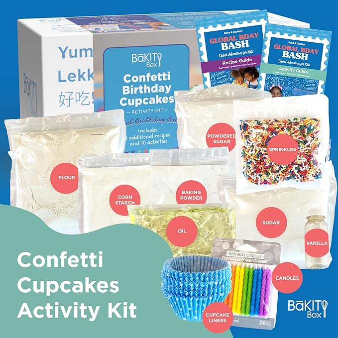 BāKIT Box Confetti Cupcakes Birthday Kit for Kids – Global Celebration Baking Kit – Cupcake Liners & Candles Included – STEM Birthday Activities – Ages 5–13