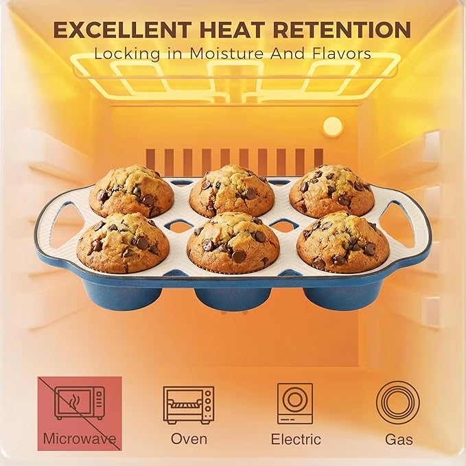 HONGBAKE Everline Collection Enameled Cast Iron Muffin Pan, Non Tocix Naturally Muffin Tin 6, Non Stick Cup Cake Pans for Baking, Oven & Stovetop Safe, Standard Size, 2 Pack, Blue
