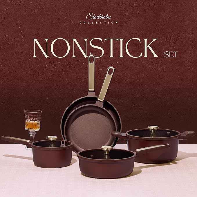 CAROTE Pots and Pans Set Nonstick, 16pcs Cookware Set Nonstick Non-Toxic & PFOA&PFOS-Free, Dishwasher, RV/Camping Cookware Set, Cooking Pots with Lids,Wine Red