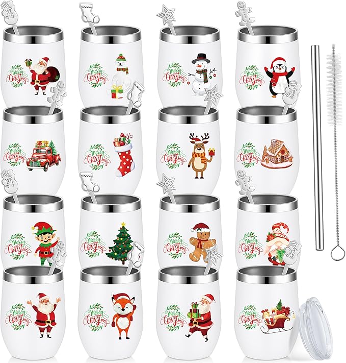 Sliner 16 Pcs Christmas Funny Wine Tumbler Spoon Set 12 Oz Stainless Steel Tumbler with Straw Brush Double Wall Insulated Travel Coffee Mug for Christmas Xmas Party Decorations Holiday Gift