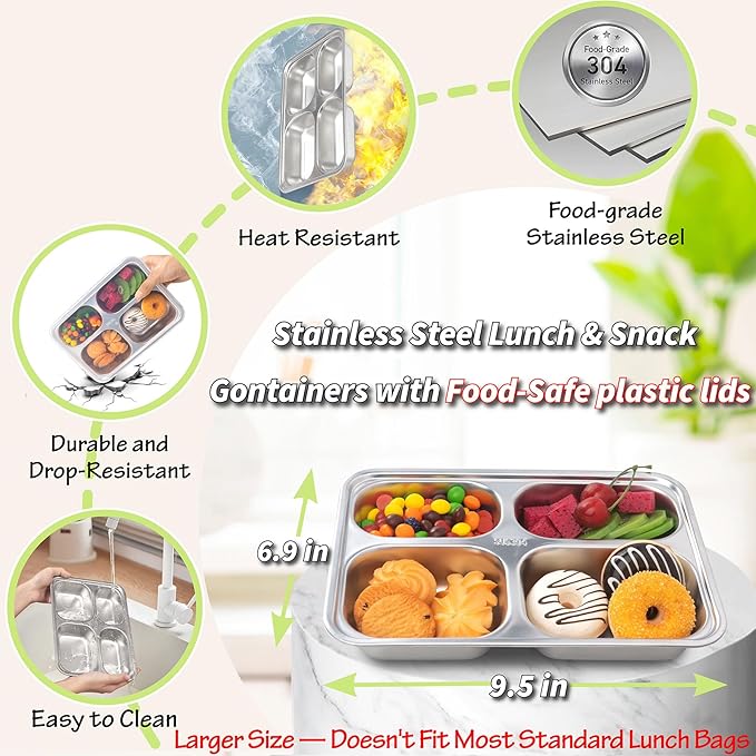 Stainless Steel Snack Containers with Lids - 3 Pack - Large 4-Compartments Bento Snack Boxes - Meal Prep Lunch Containers for Kids Adults - Divided Food Storage Container for School Home Travel