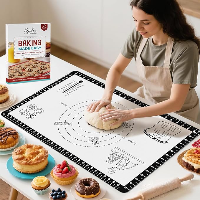 Silicone Baking Mat with 10 Recipes, Extra Thick Silicone Mats for Baking, Non Stick Pastry Mat,Reusable kneading Dough Rolling Mat for Cookie, Macaron, Bread, Pizza Black 26X16 INCH