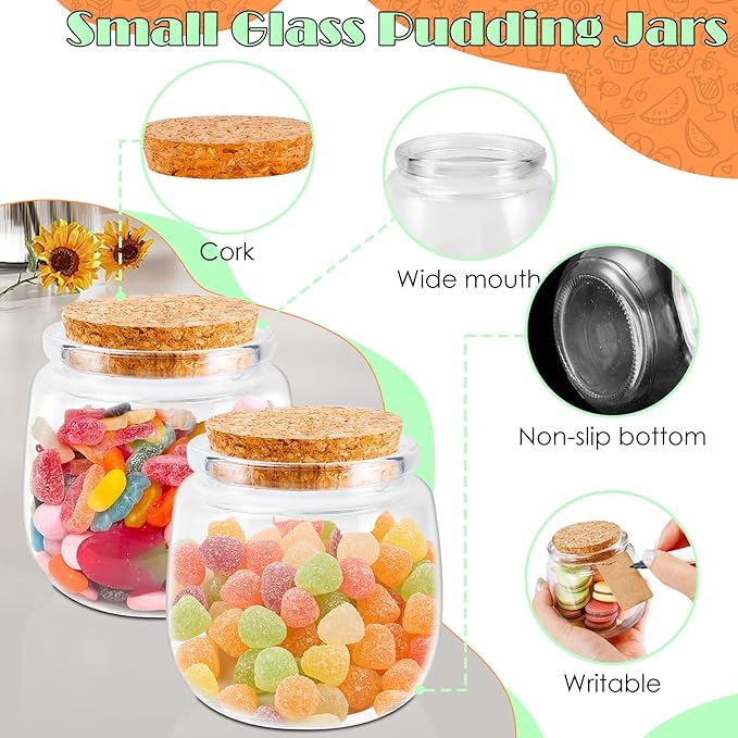 40 Pack Small Glass Jars, 7oz Mini Yogurt Jars with Cork Lids and PE Lids, Small Bottles with Label Tag and Twine, Glass Pudding Jar for Wedding Favors, Baby Shower, Milk, Jam, Honey