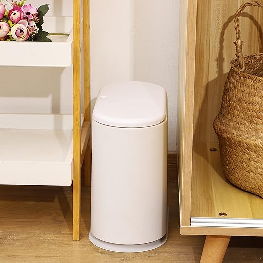 12L White Slim Bathroom Trash Can with Press Top Lid,3.17 Gallon Pet/Dog Proof Kitchen Trash Can,Thin Garbage Can,Covered Wastebasket,Narrow Small Plastic Trashcan for Craft Room,Bedroom,Office,Dorm