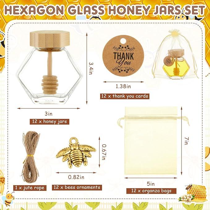 Pickmesh 12 Pcs Hexagonal Glass Honey Jars with Spoon, 3.38 oz Honey Dispenser with Wooden Spoon Bee Charm Thank You Card Organza Bag Mini glass Jars for Baby Shower Wedding Party Favor Decorations